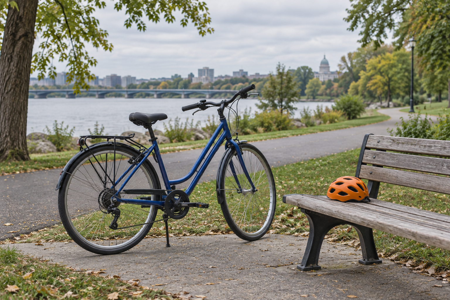 A blue city bicycle beside a bench with an orange helmet