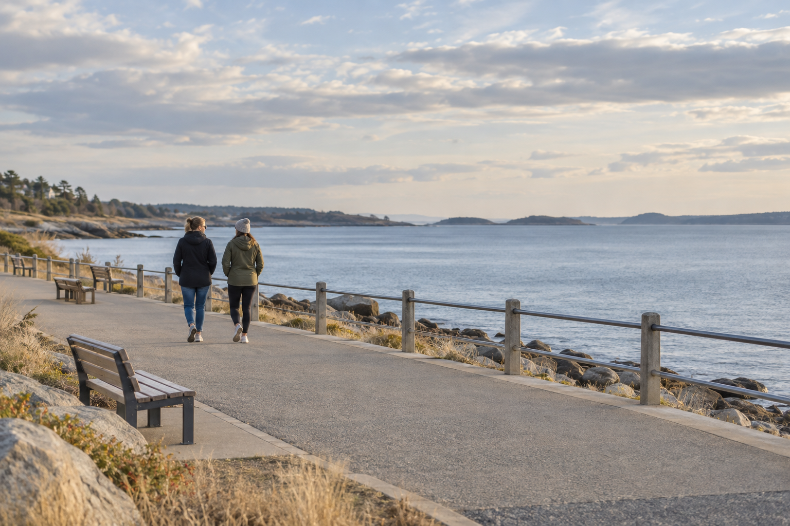 Two distant walkers on a broad waterfront promenade with benches