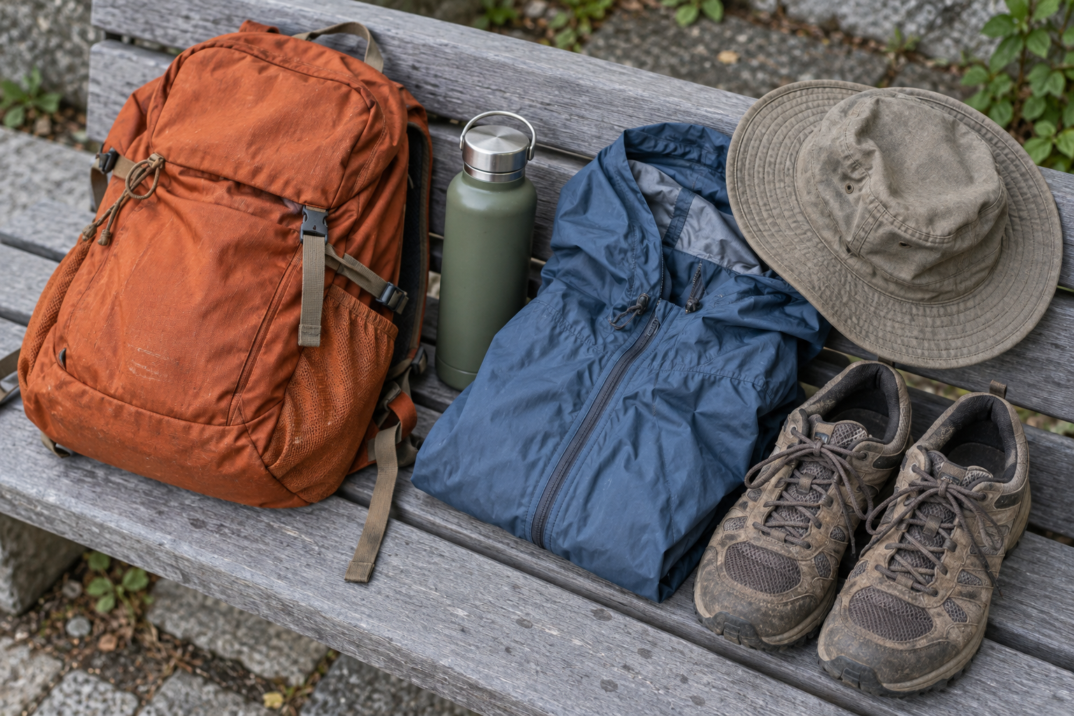 A daypack, water bottle, jacket, hat and walking shoes on a bench