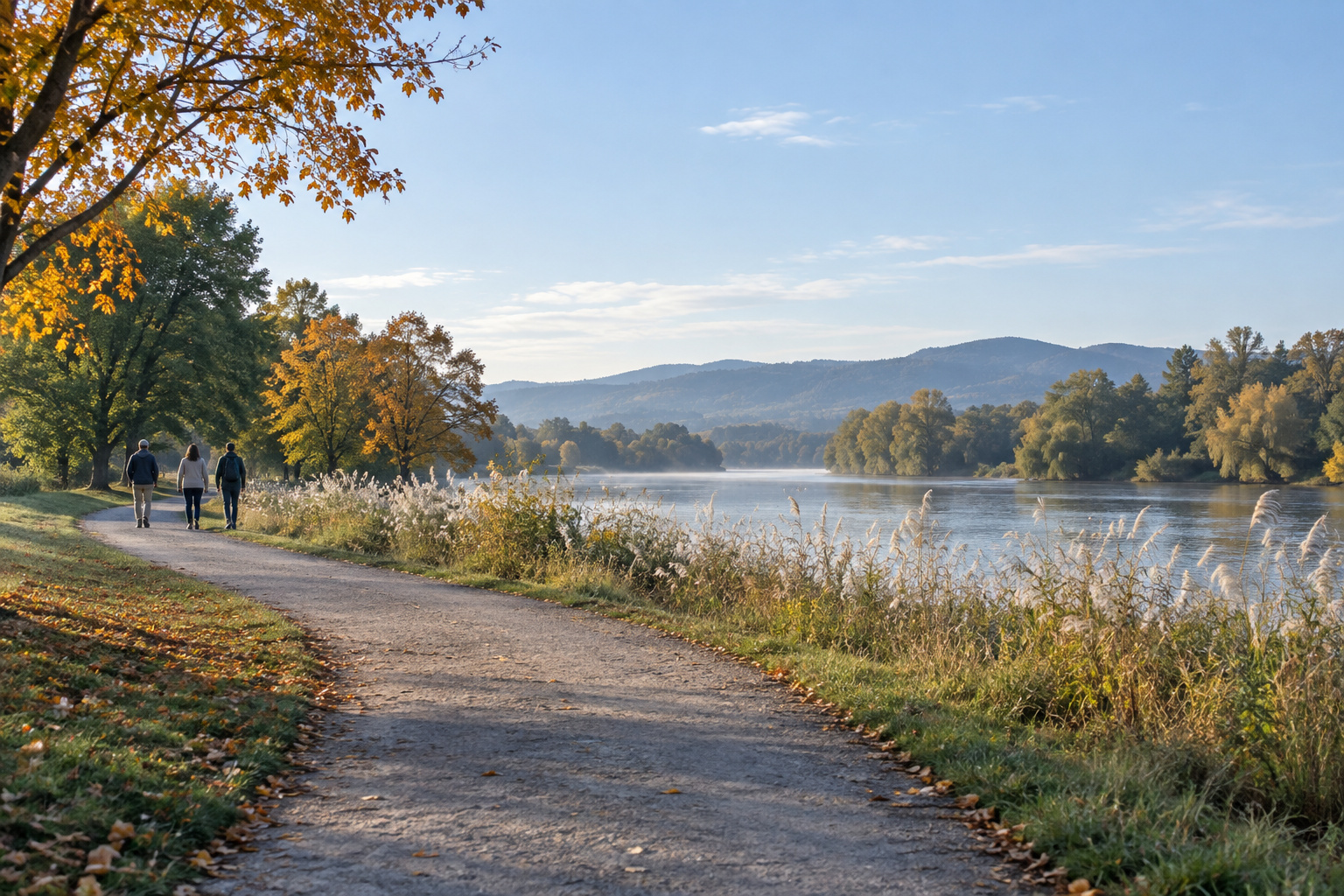 A broad park path beside a lake, with distant walkers and autumn trees