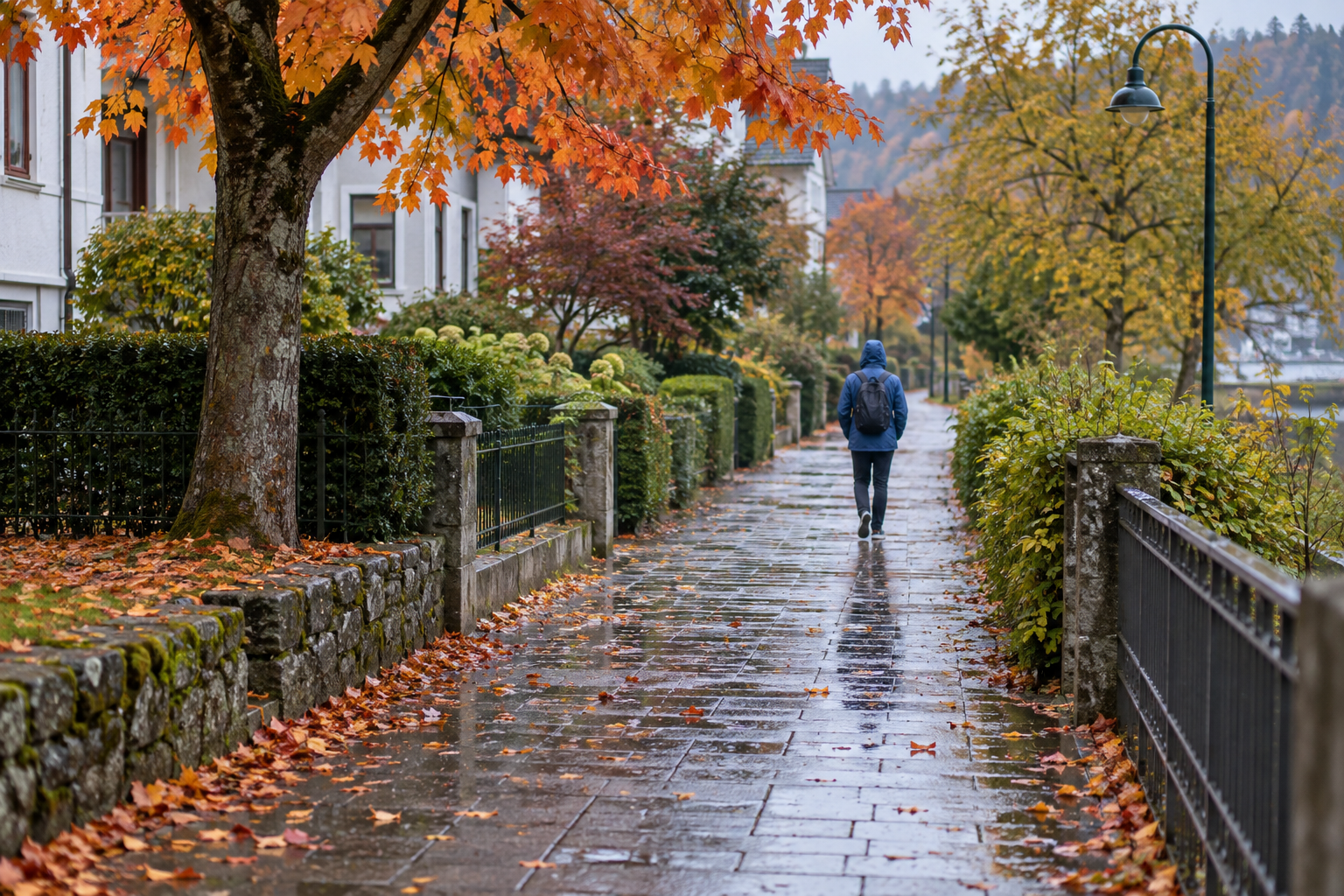 A person in a blue jacket on a rain-wet neighborhood path