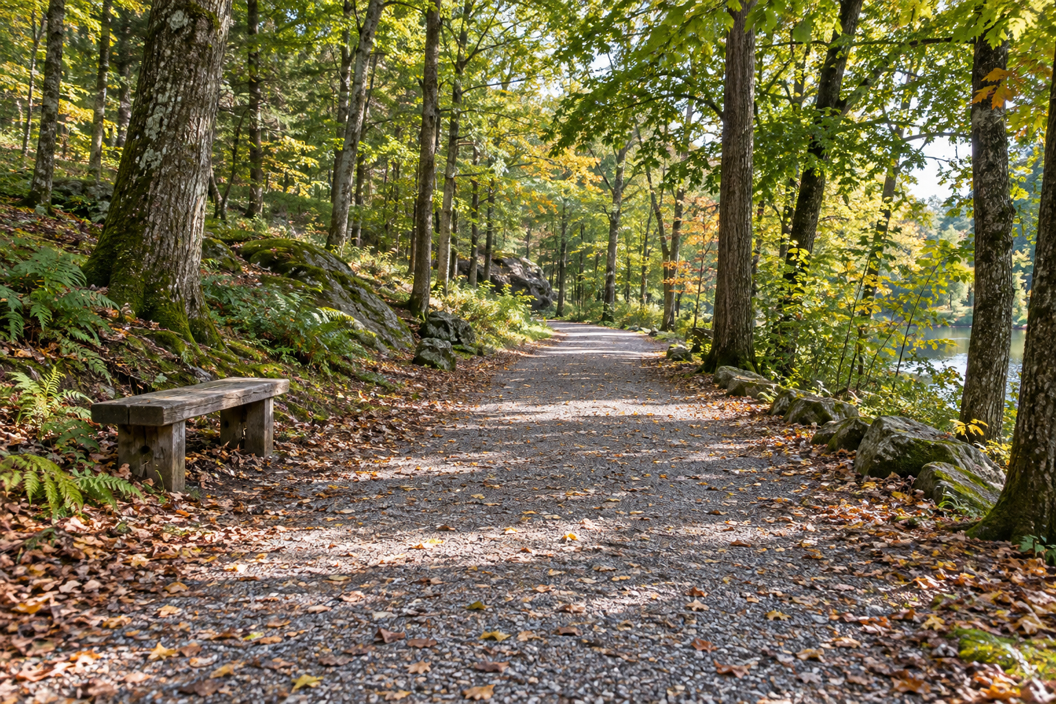 A level woodland path with a wooden bench and fallen leaves